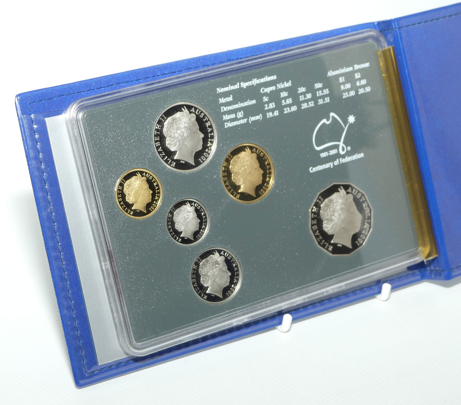 RAM 2001 Proof Coin Set | Centenary of Federation | Featuring coloured Coat of Arms 50c and Centenary of Federation logo $1