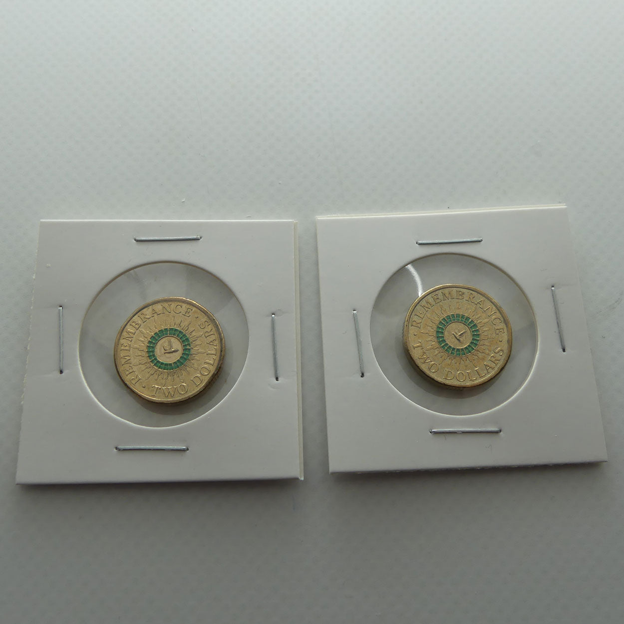 RAM 2014 Remembrance Day $2 Coin | Green Colour Printed Dove | 2 x Circulated Australian Decimal Coins | #2
