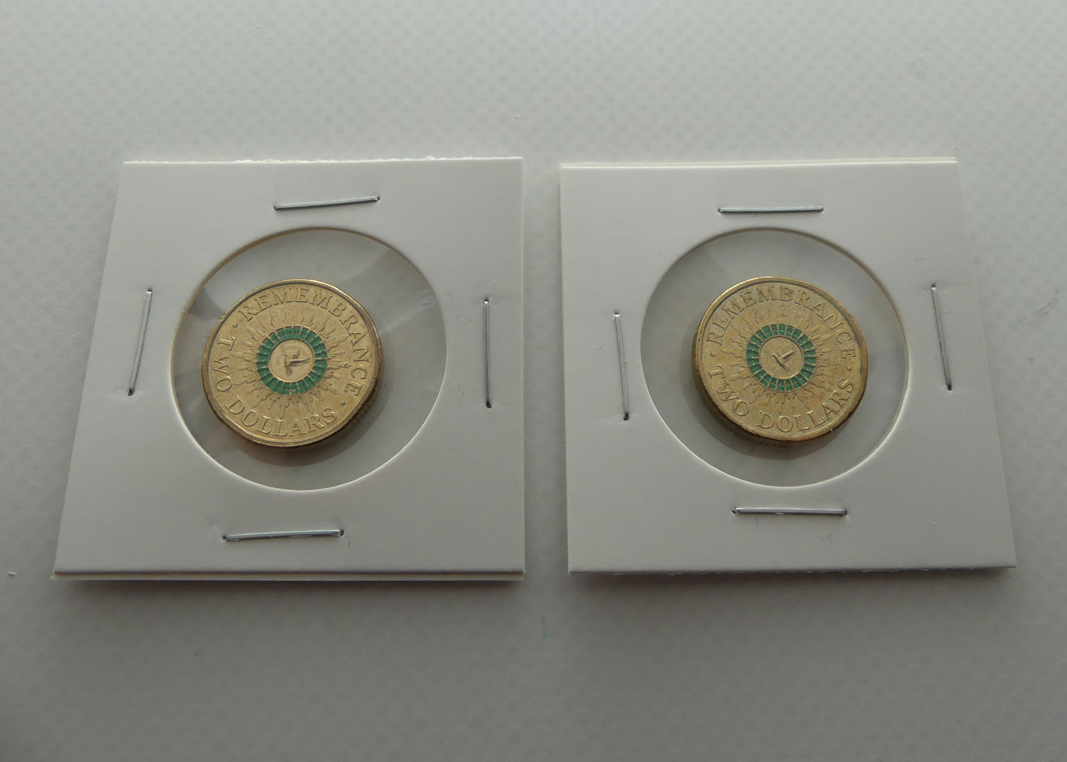RAM 2014 Remembrance Day $2 Coin | Green Colour Printed Dove | 2 x Circulated Australian Decimal Coins | #2