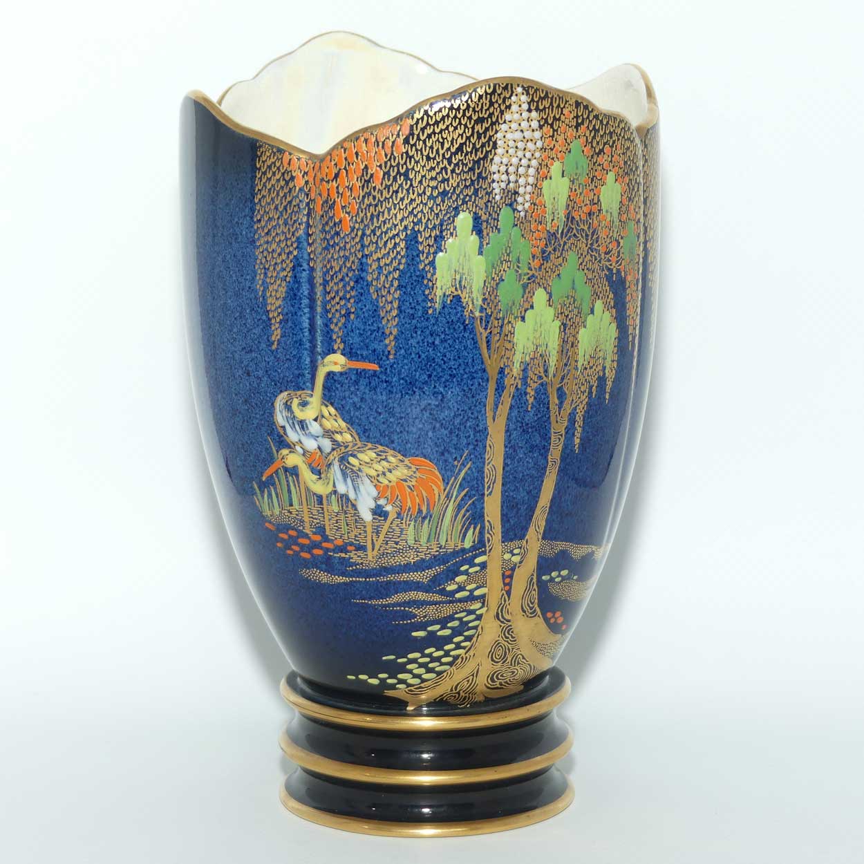 Carlton Ware fancy rim vase | New Storks pattern on Blue | 2089