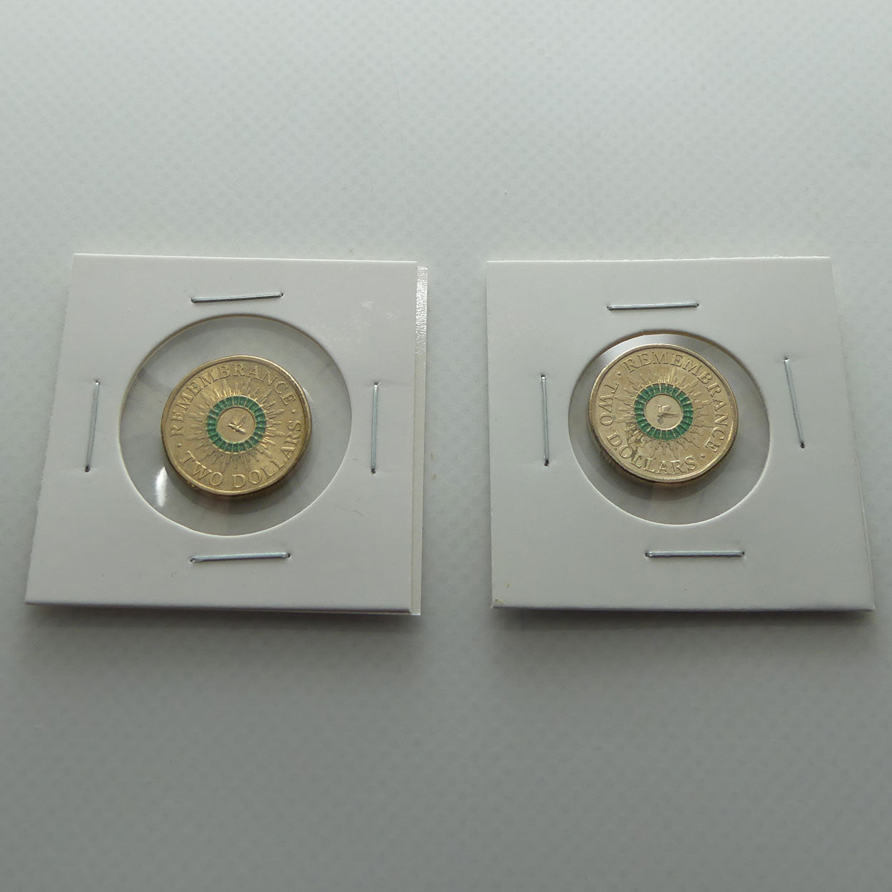 RAM 2014 Remembrance Day $2 Coin | Green Colour Printed Dove | 2 x Circulated Australian Decimal Coins | #1