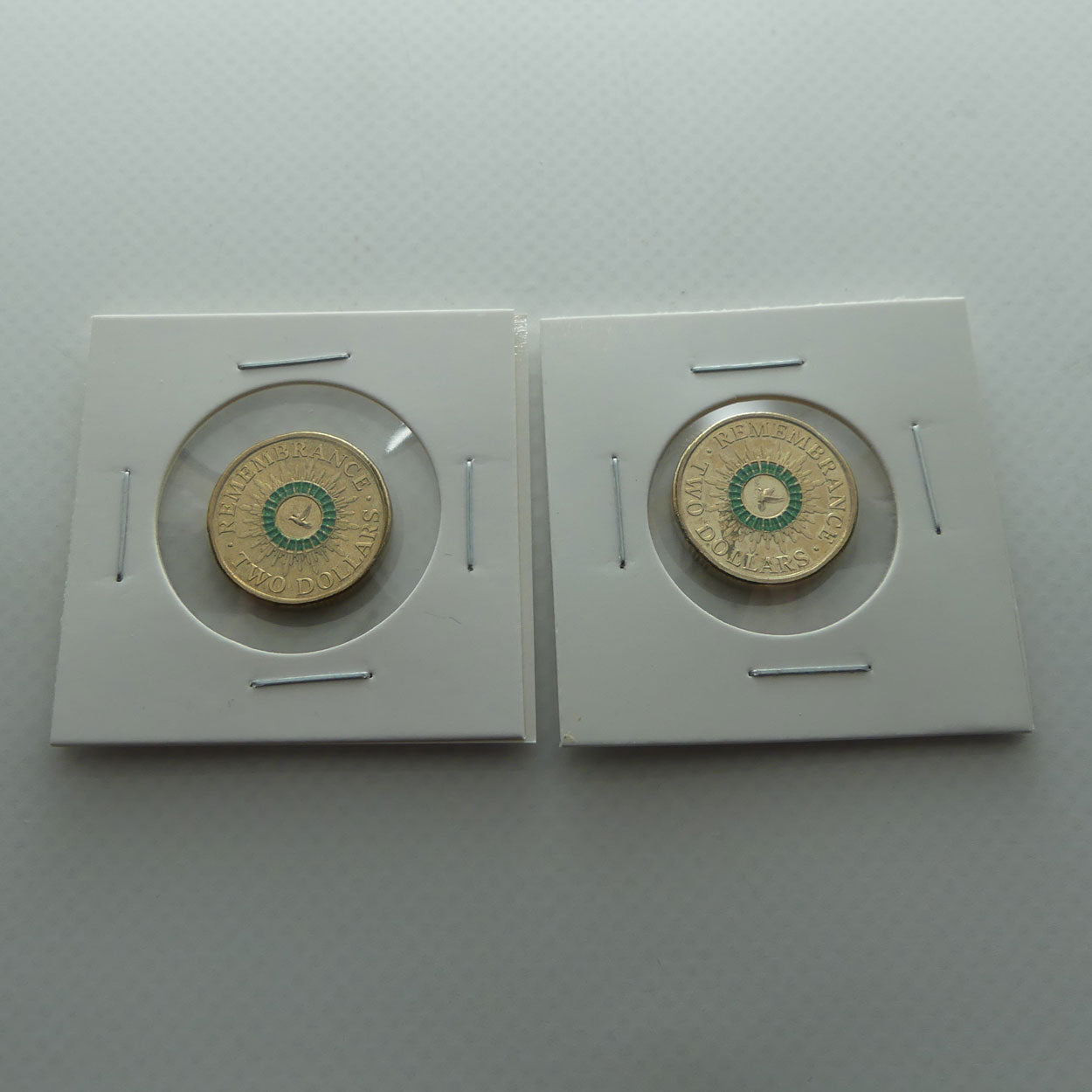 RAM 2014 Remembrance Day $2 Coin | Green Colour Printed Dove | 2 x Circulated Australian Decimal Coins | #1