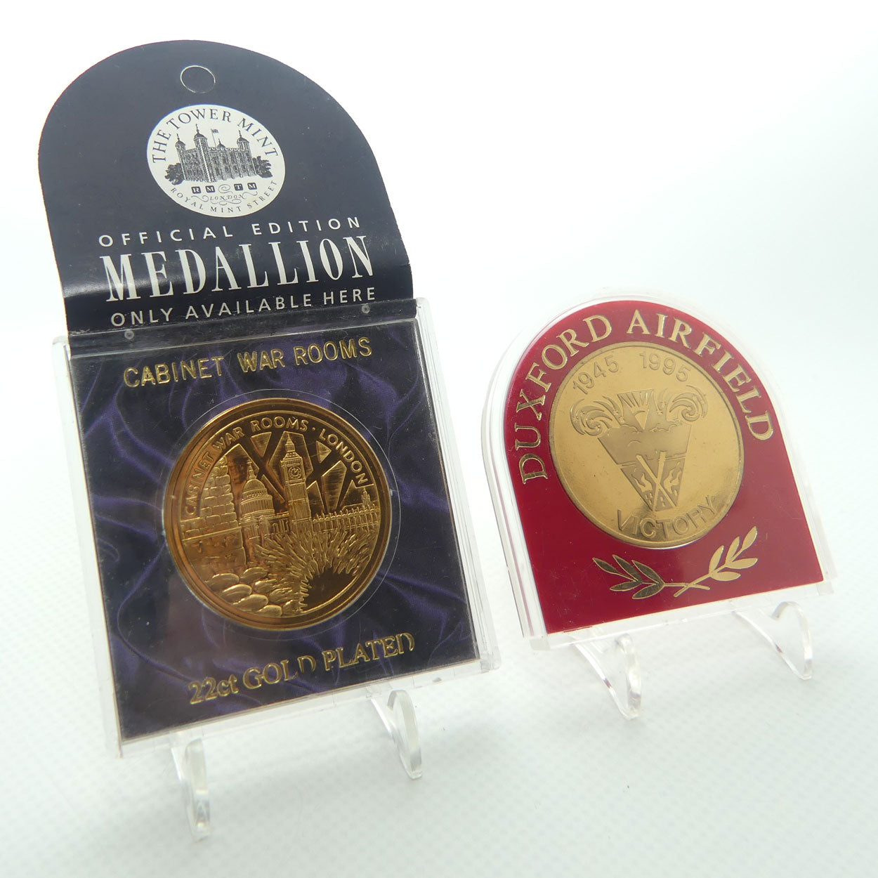 2 World War Two theme medallions | Duxford Airfield and Cabinet War Rooms | Churchill