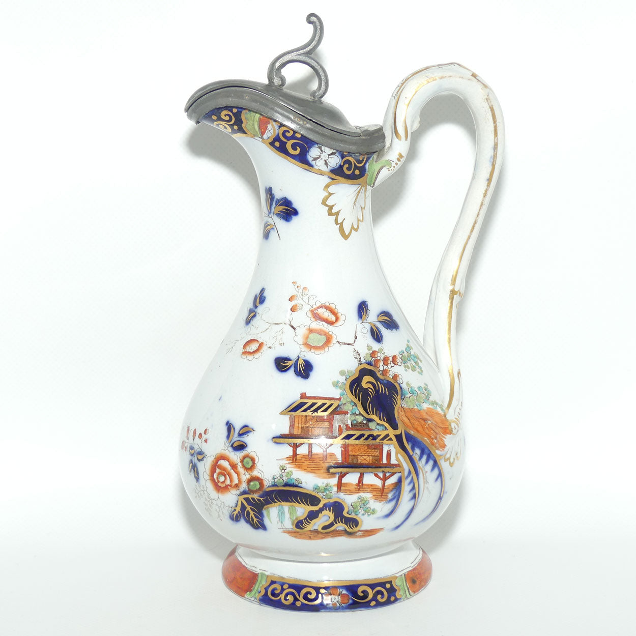 Antique English Staffordshire Imari Chinoiserie Style Pitcher with Hinged Pewter Cover
