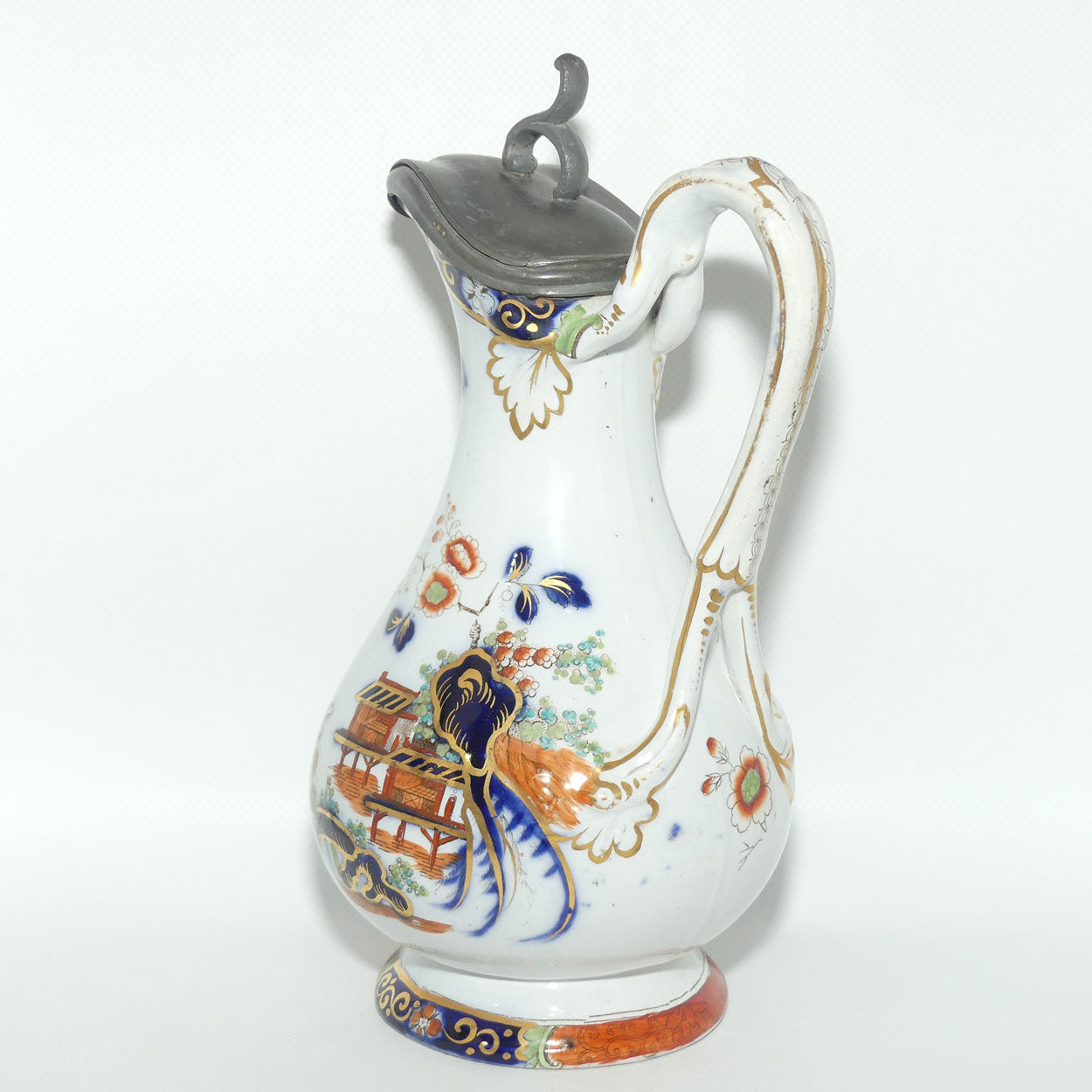 Antique English Staffordshire Imari Chinoiserie Style Pitcher with Hinged Pewter Cover