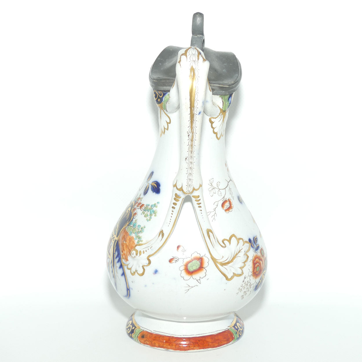 Antique English Staffordshire Imari Chinoiserie Style Pitcher with Hinged Pewter Cover