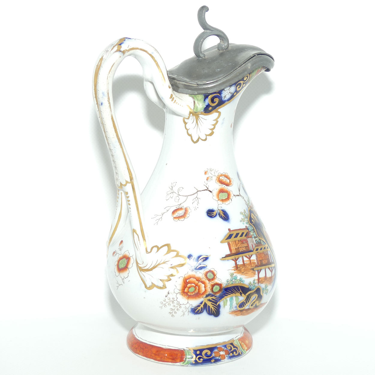 Antique English Staffordshire Imari Chinoiserie Style Pitcher with Hinged Pewter Cover