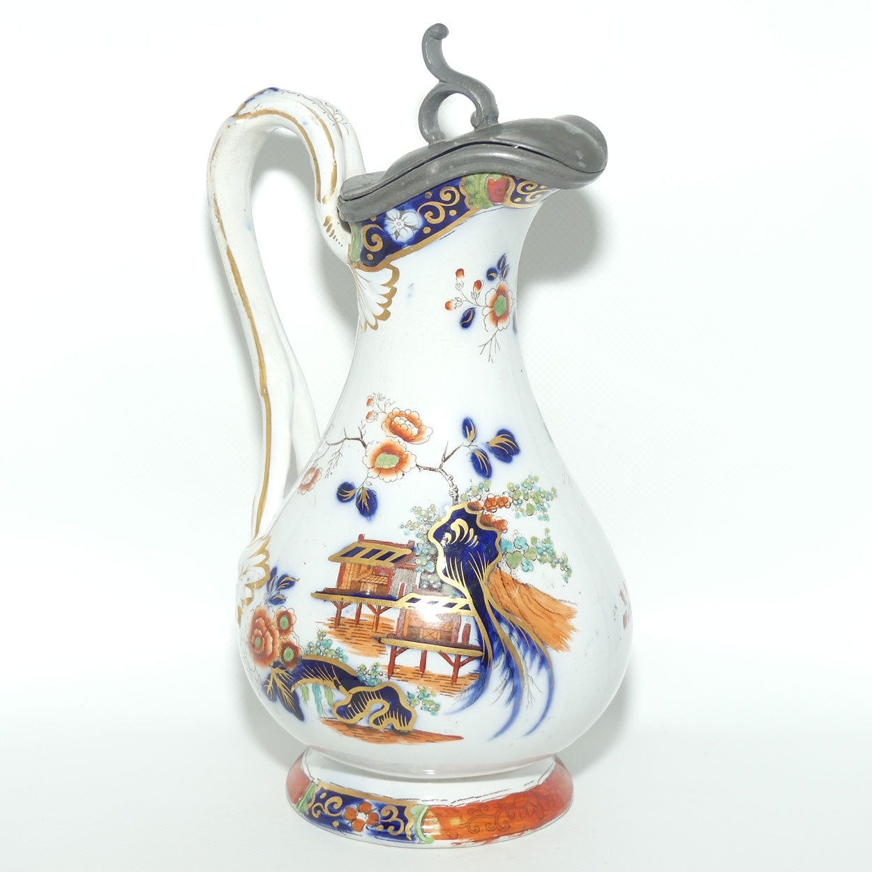 Antique English Staffordshire Imari Chinoiserie Style Pitcher with Hinged Pewter Cover