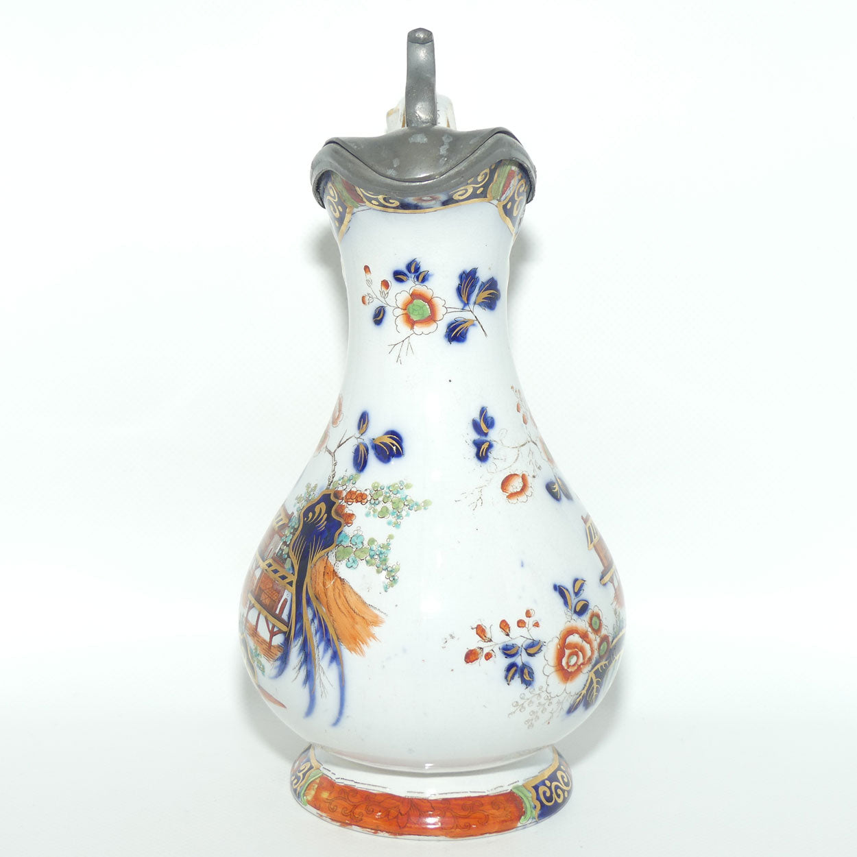Antique English Staffordshire Imari Chinoiserie Style Pitcher with Hinged Pewter Cover