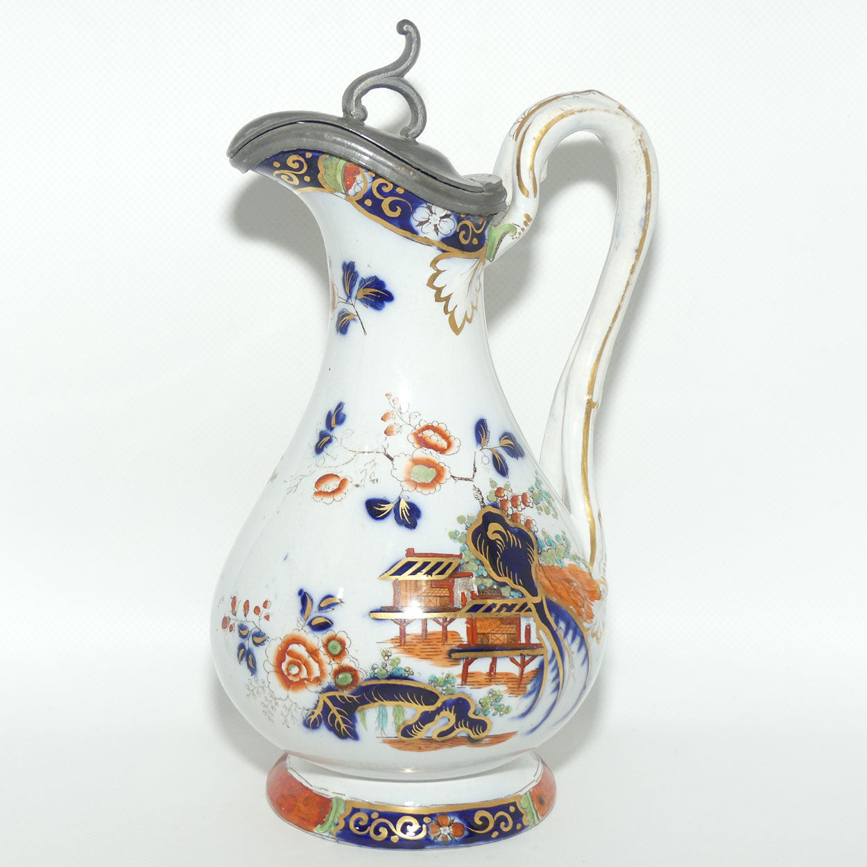 Antique English Staffordshire Imari Chinoiserie Style Pitcher with Hinged Pewter Cover