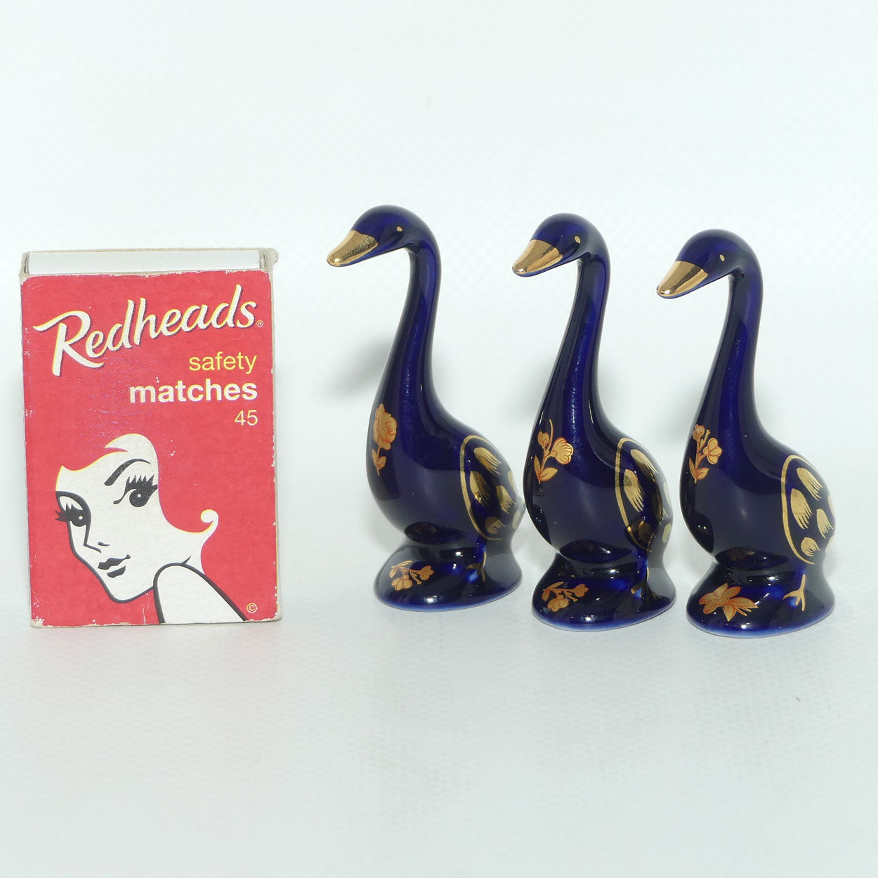 Limoges Castel France collection of 3 miniature Geese figures | Blue and Gold