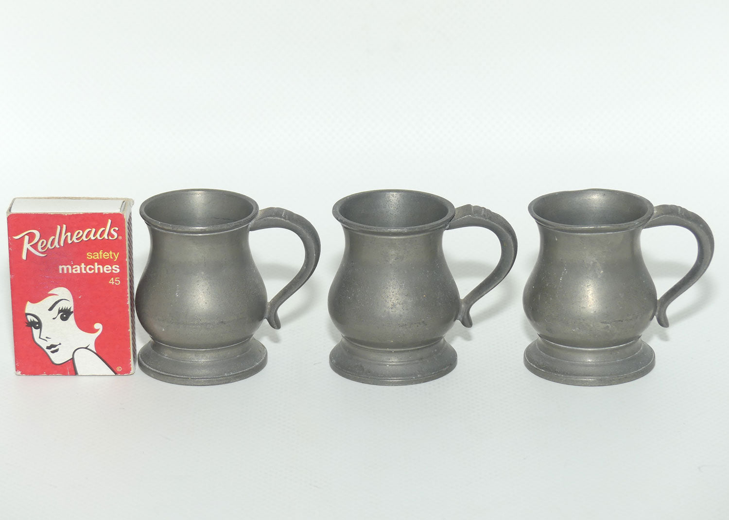 collection of 3 English miniature Pewter tankards | nip measures