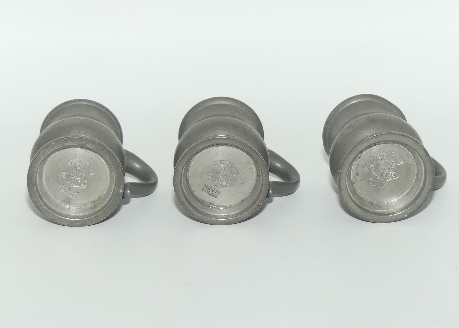 collection of 3 English miniature Pewter tankards | nip measures