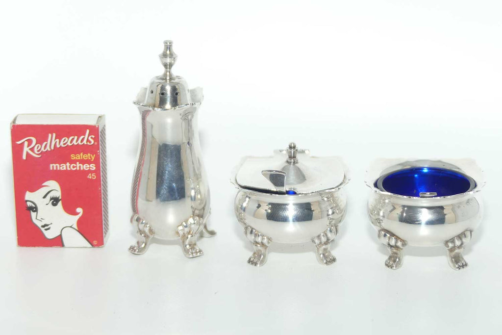 Silver Plated Lion paw foot cruet set | Blue Glass Liners