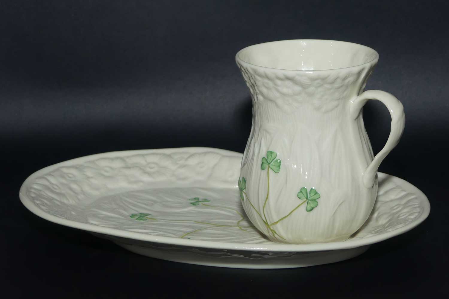 Belleek Shamrock pattern Hostess Coffee mug and tray | 4th Green Mark