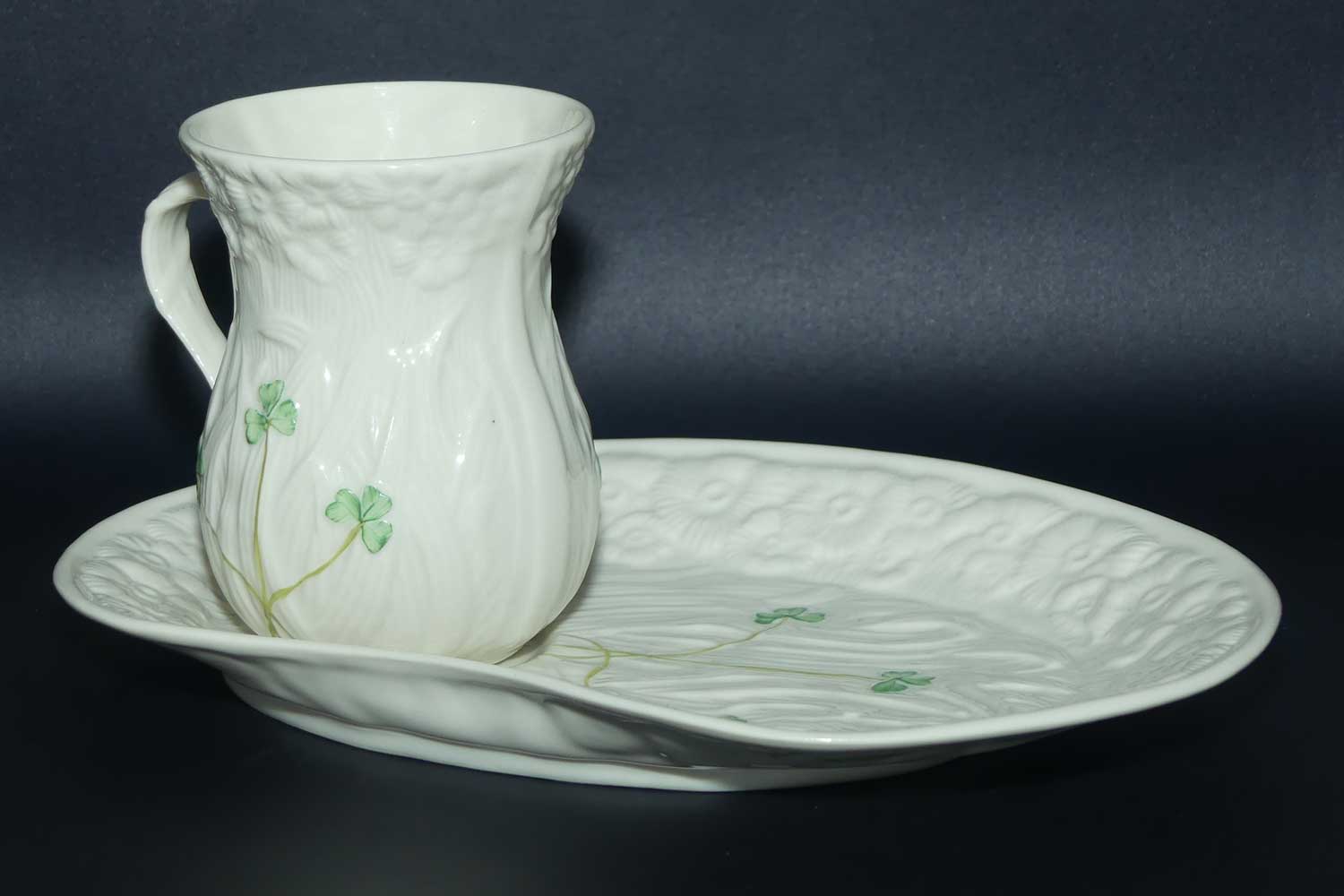 Belleek Shamrock pattern Hostess Coffee mug and tray | 4th Green Mark