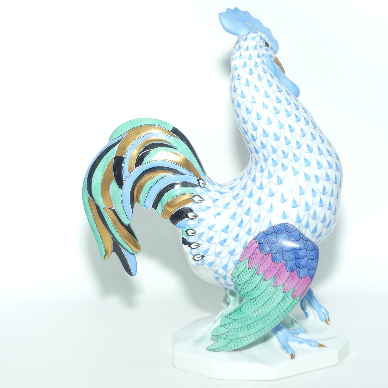 Herend Hungary figure 5014 | Blue Fishnet Rooster | 23.5cm tall