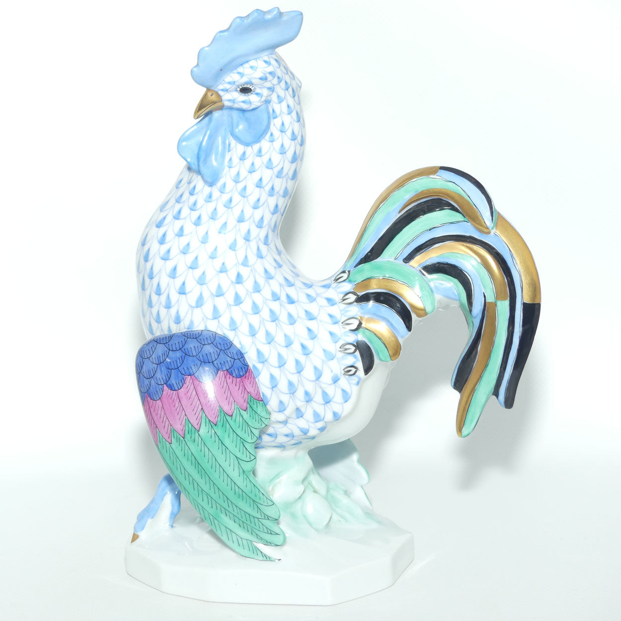 Herend Hungary figure 5014 | Blue Fishnet Rooster | 23.5cm tall