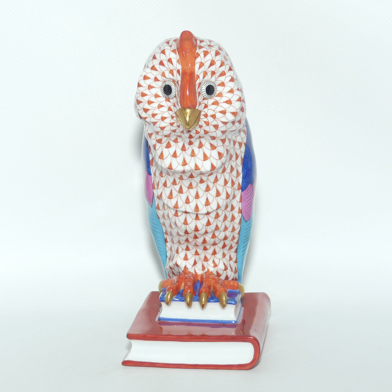 Herend Hungary figure | Red Fishnet Wise Owl on Book | 21cm tall