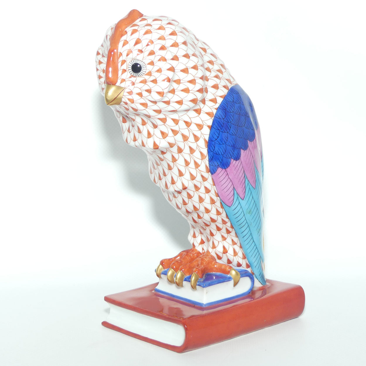 Herend Hungary figure | Red Fishnet Wise Owl on Book | 21cm tall