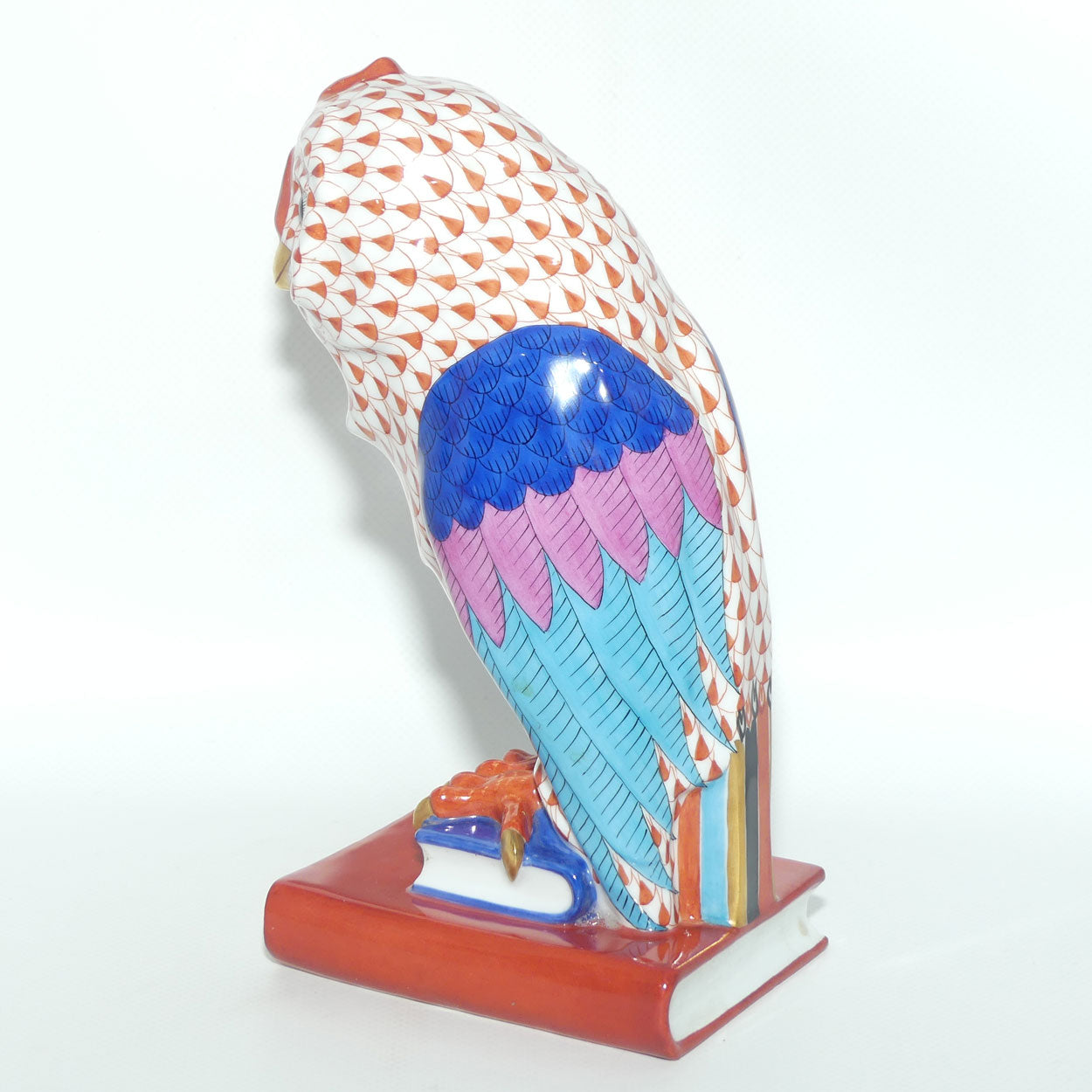 Herend Hungary figure | Red Fishnet Wise Owl on Book | 21cm tall