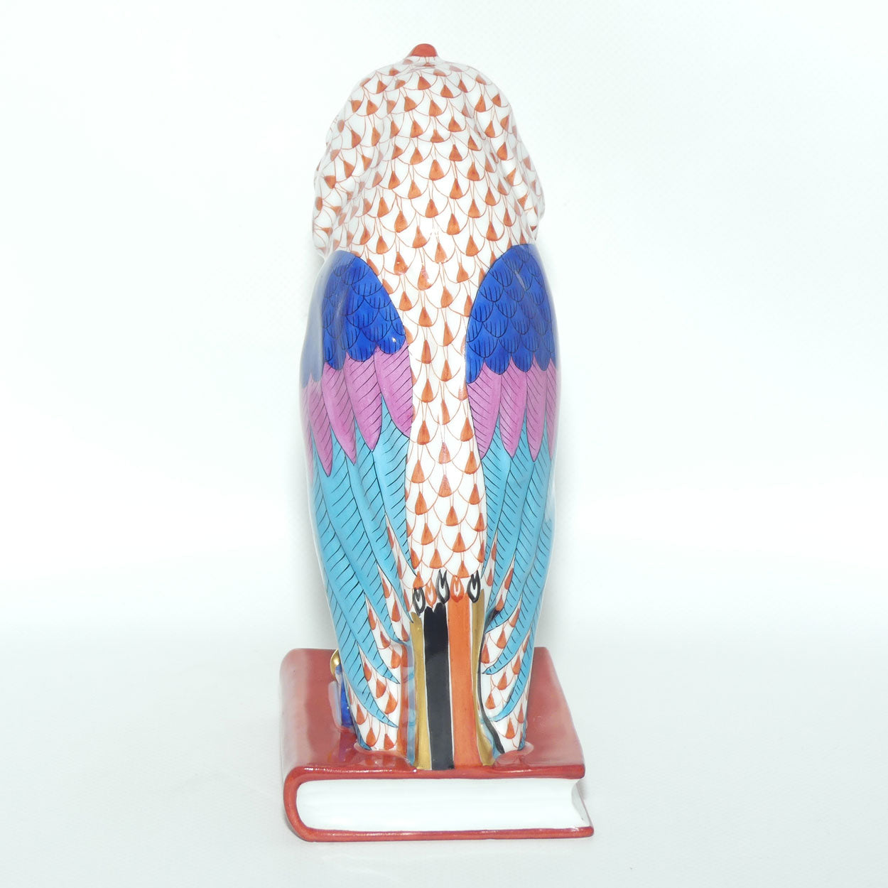 Herend Hungary figure | Red Fishnet Wise Owl on Book | 21cm tall