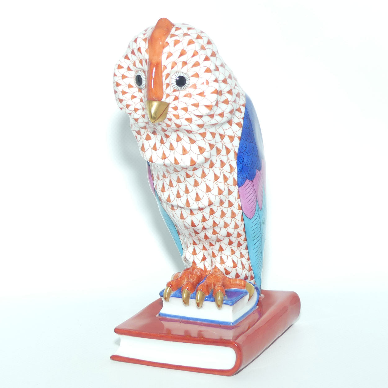 Herend Hungary figure | Red Fishnet Wise Owl on Book | 21cm tall