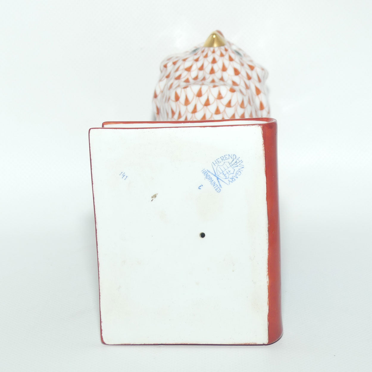 Herend Hungary figure | Red Fishnet Wise Owl on Book | 21cm tall