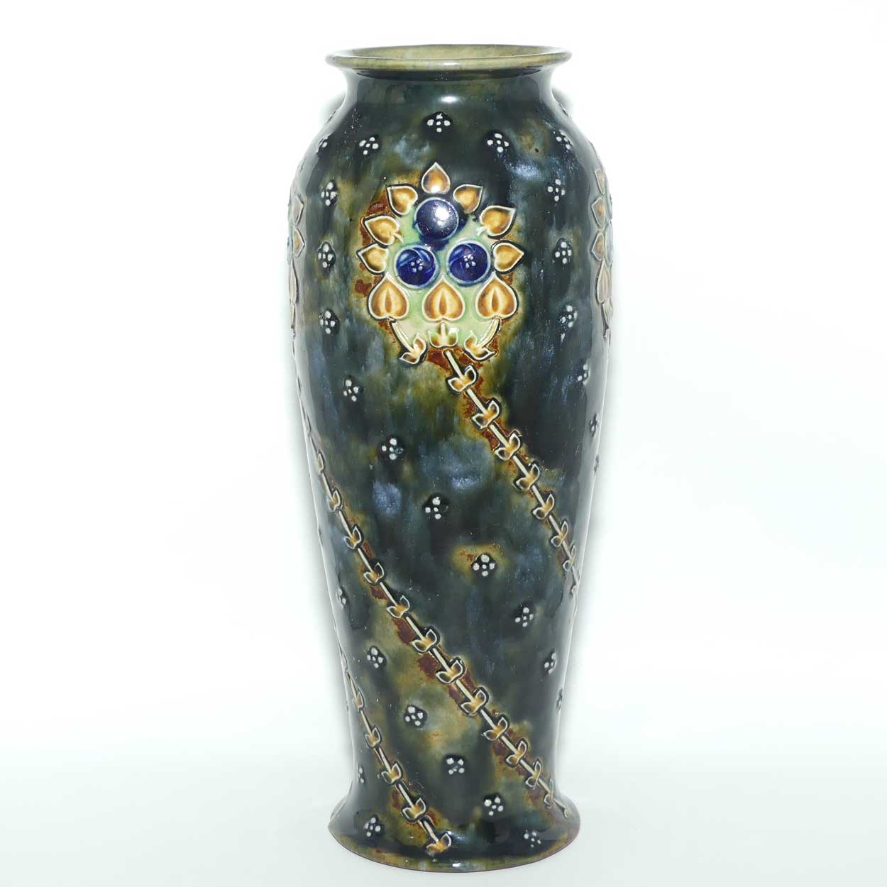 Royal Doulton Lambeth Green Blue mottled glaze Floral pattern vase | 5826 | 26cm tall