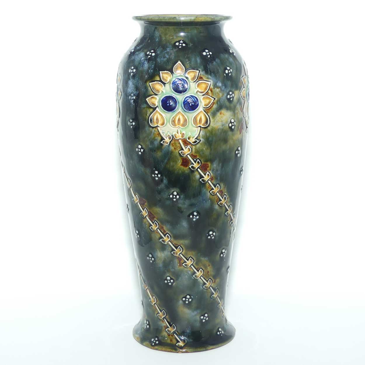Royal Doulton Lambeth Green Blue mottled glaze Floral pattern vase | 5826 | 26cm tall