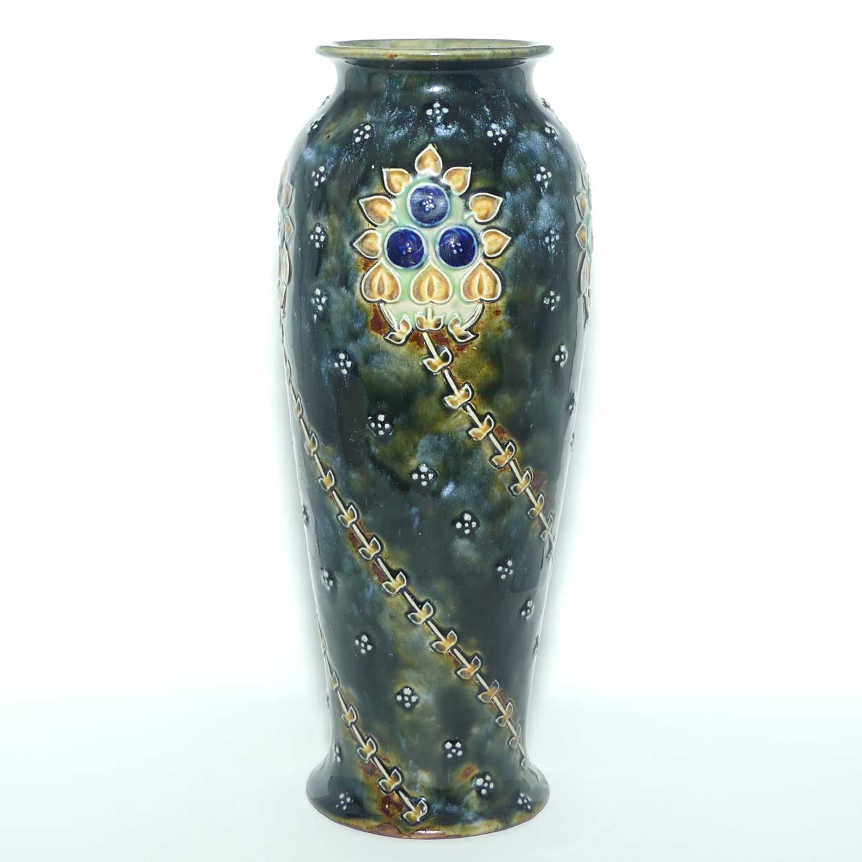 Royal Doulton Lambeth Green Blue mottled glaze Floral pattern vase | 5826 | 26cm tall