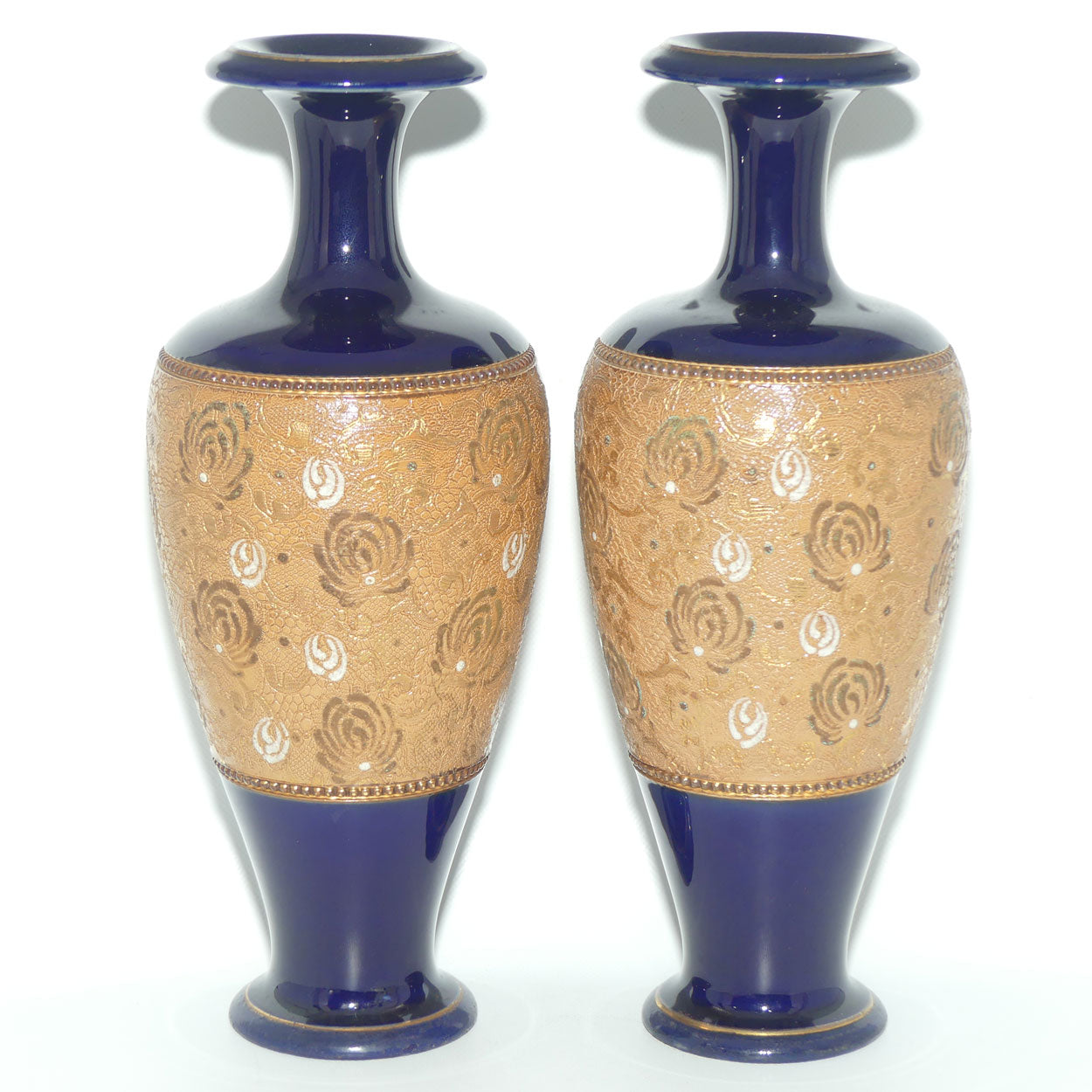 Doulton Slaters pair of stoneware vases with white enamelling & gilt highlights (stamped 6038)