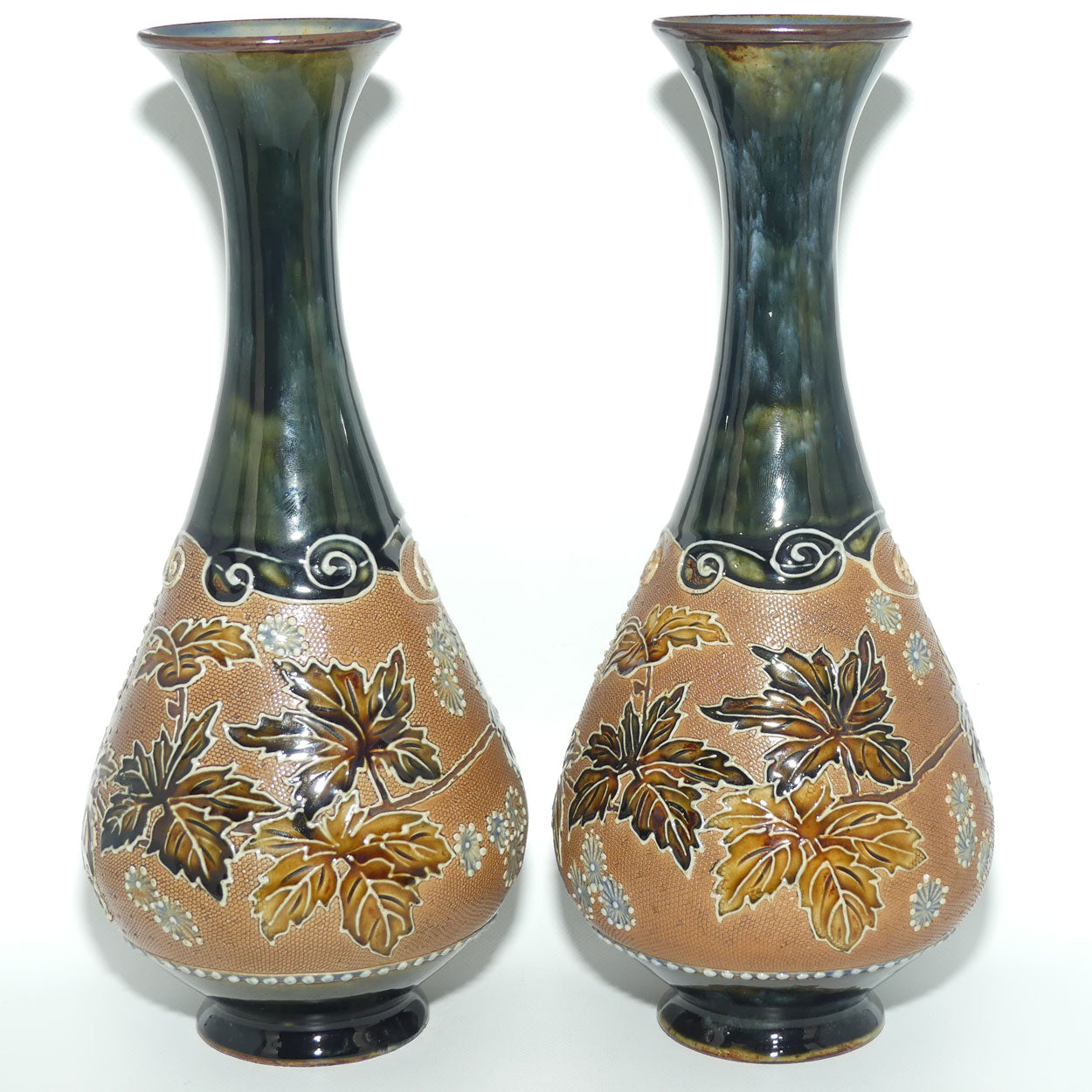 Royal Doulton pair of stoneware vases with applied foliage and scrolling (stamped 6767)
