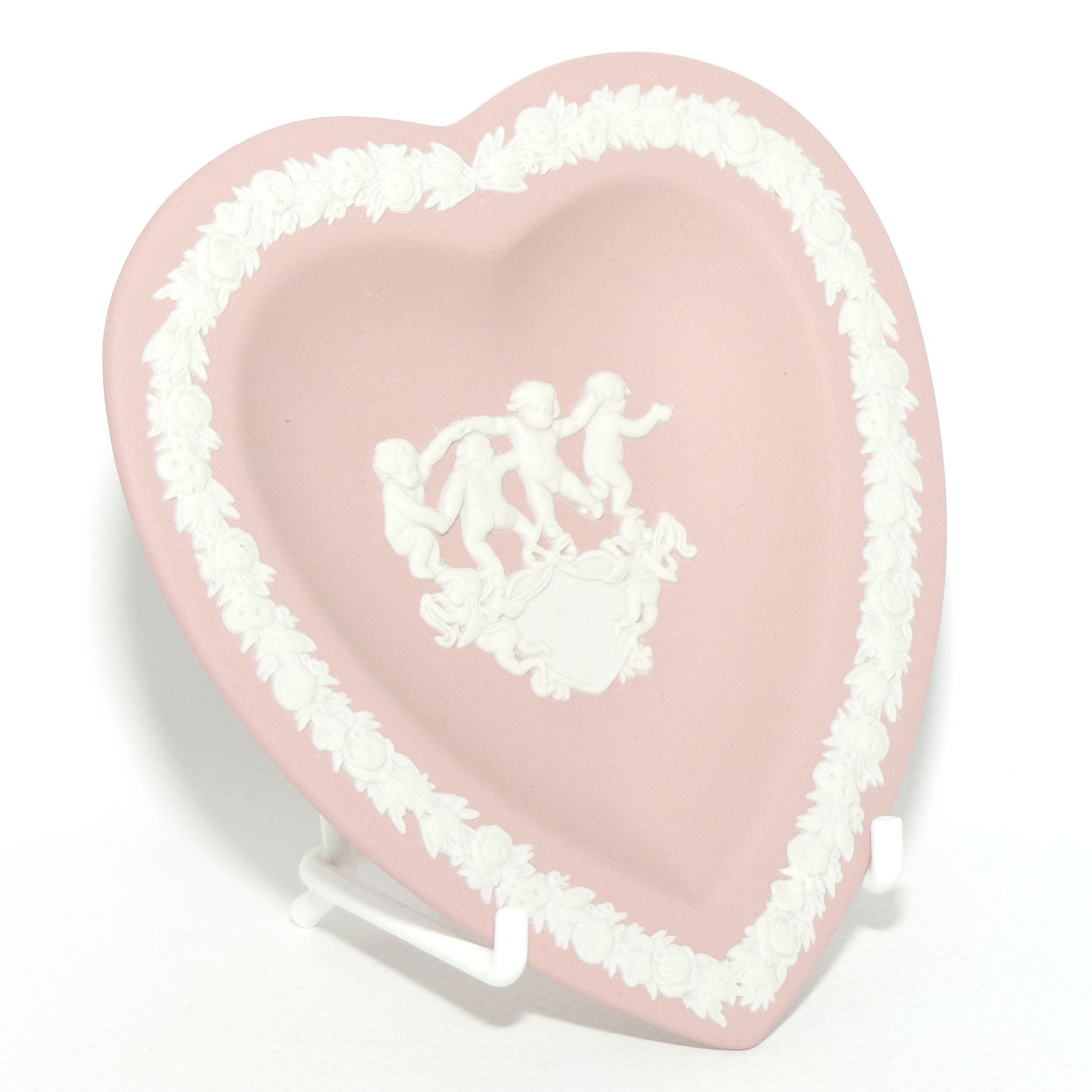 Wedgwood Jasper | White on Pink heart shape plate | 4 Dancing Cherubs and 2 Cupids