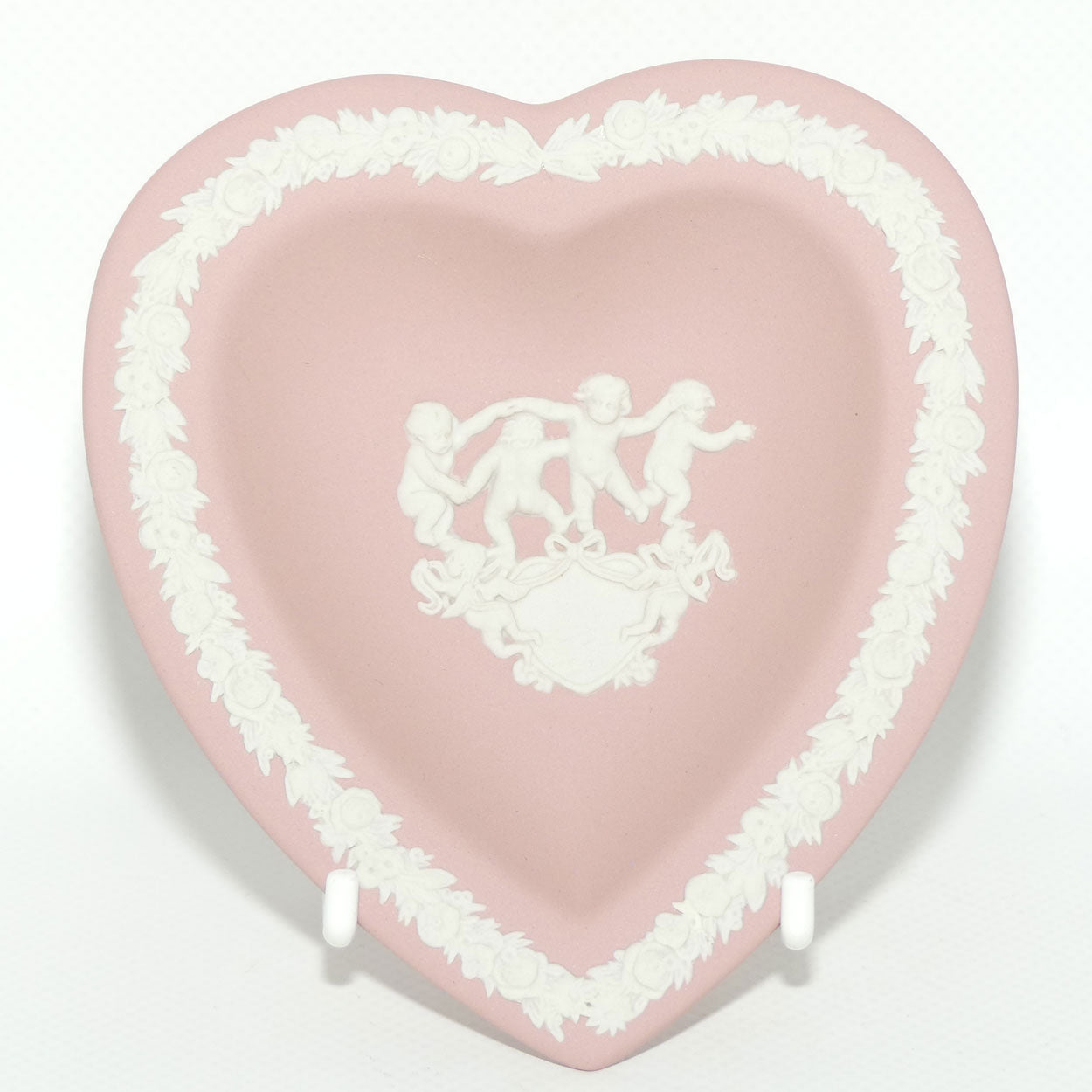 Wedgwood Jasper | White on Pink heart shape plate | 4 Dancing Cherubs and 2 Cupids