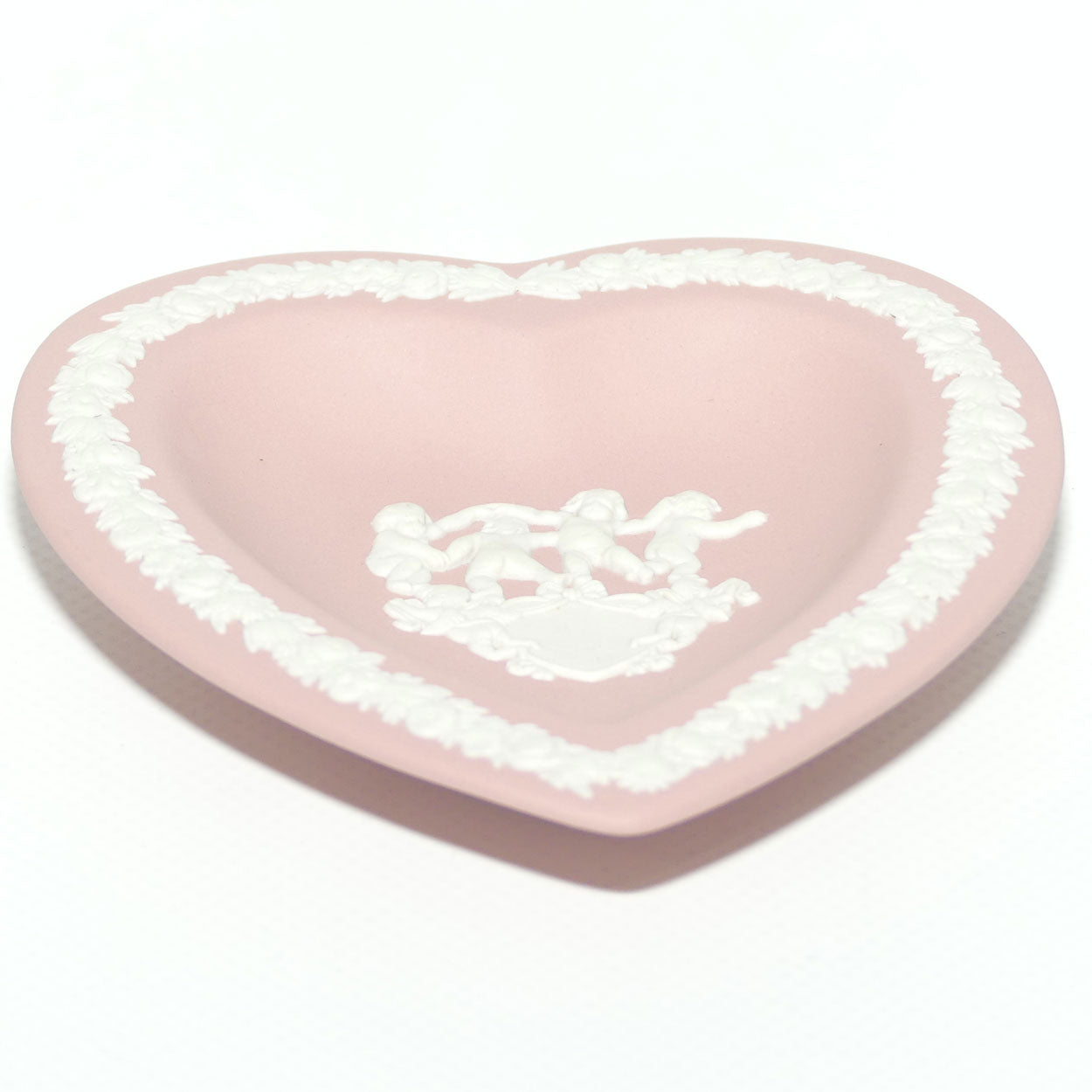 Wedgwood Jasper | White on Pink heart shape plate | 4 Dancing Cherubs and 2 Cupids