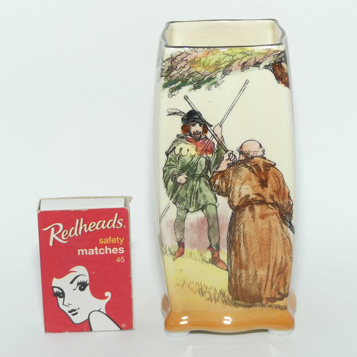 Royal Doulton Under the Greenwood Tree | Robin Hood box section vase D6094 | Robin Hood's Fight with Friar Tuck