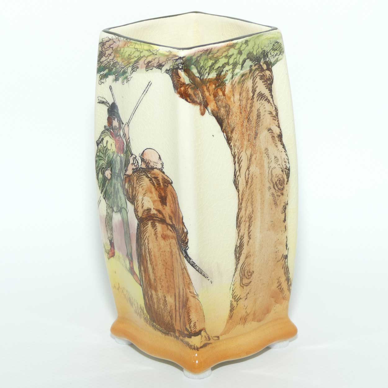 Royal Doulton Under the Greenwood Tree | Robin Hood box section vase D6094 | Robin Hood's Fight with Friar Tuck
