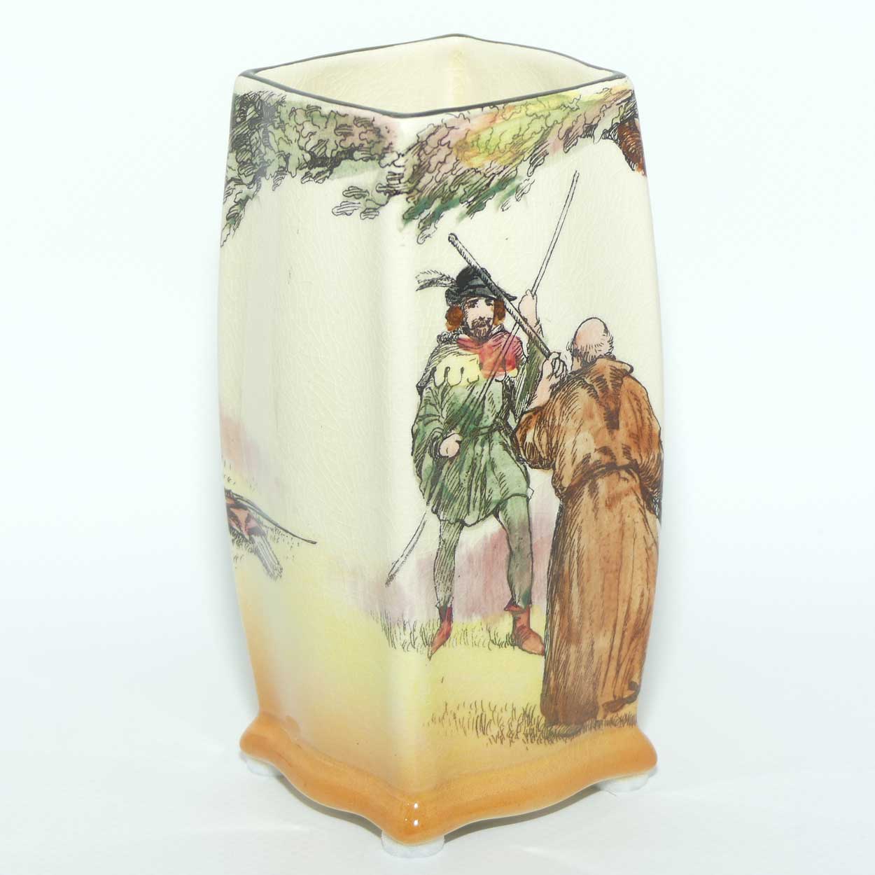 Royal Doulton Under the Greenwood Tree | Robin Hood box section vase D6094 | Robin Hood's Fight with Friar Tuck