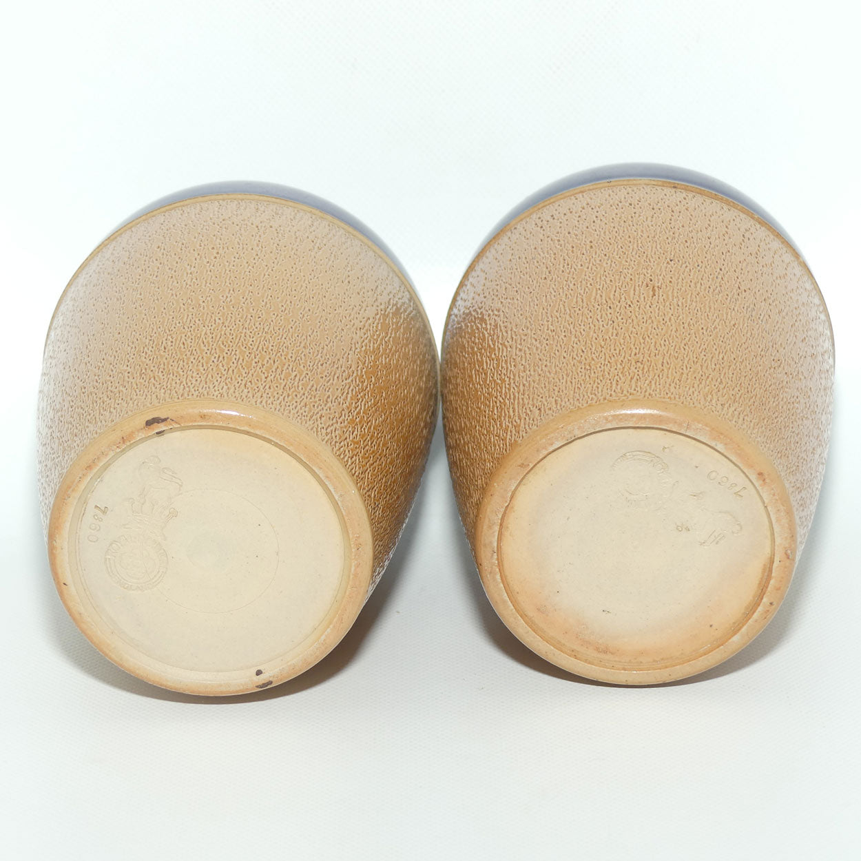 Royal Doulton pair of small stoneware vases with stippled finish | Blue tops | 7360