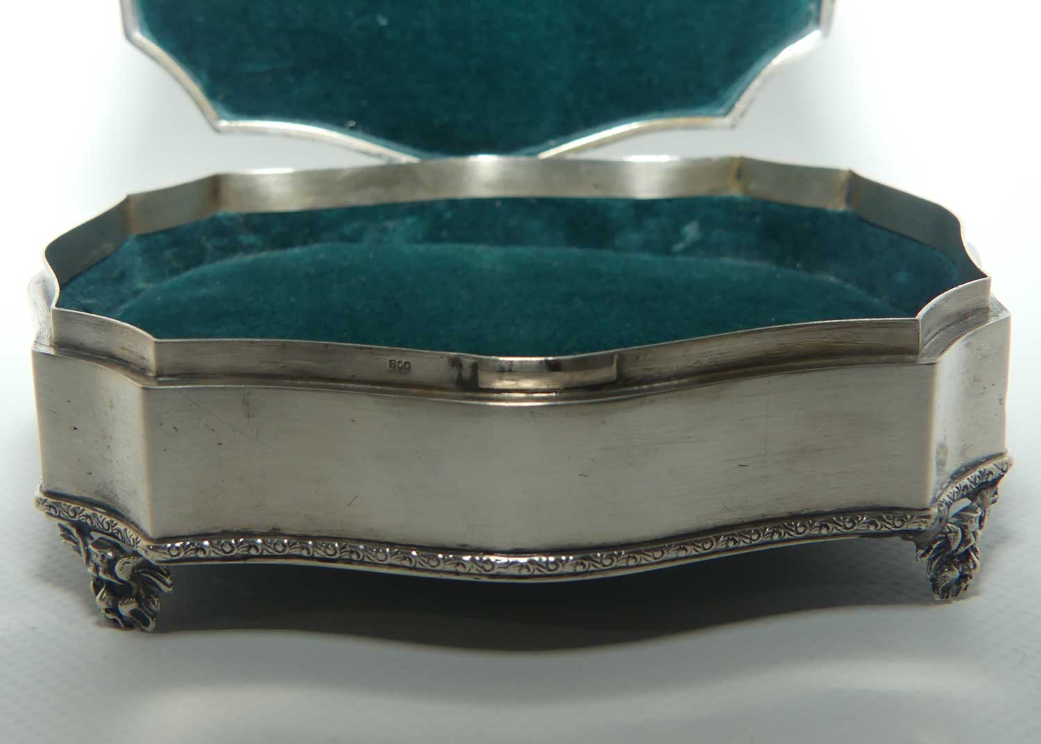 European 800 Silver serpentine shape velvet lined trinket box | Satyr feet