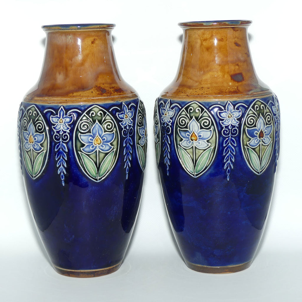 Royal Doulton pair of stoneware Floral panel and border vases | Blue Ground | 8133