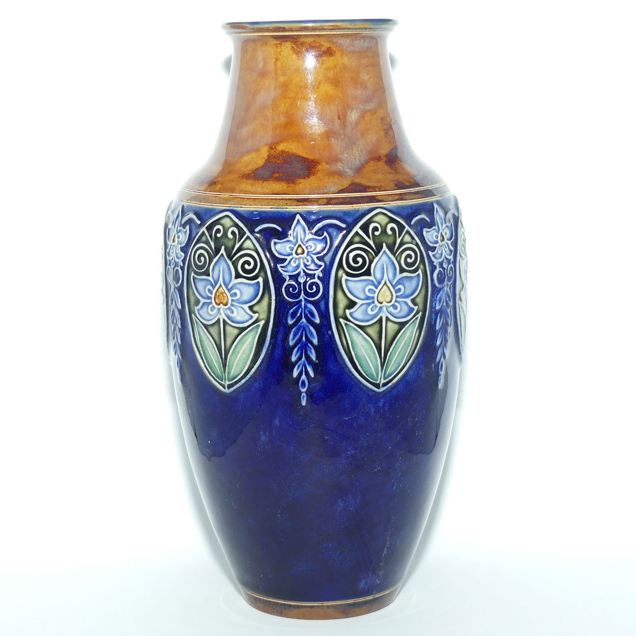 Royal Doulton pair of stoneware Floral panel and border vases | Blue Ground | 8133