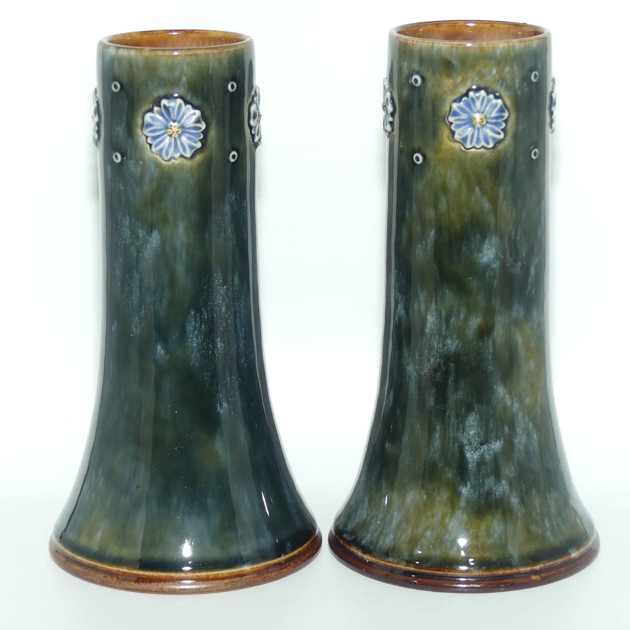 Royal Doulton Stoneware Mottled Green and Applied Flower pair of vases