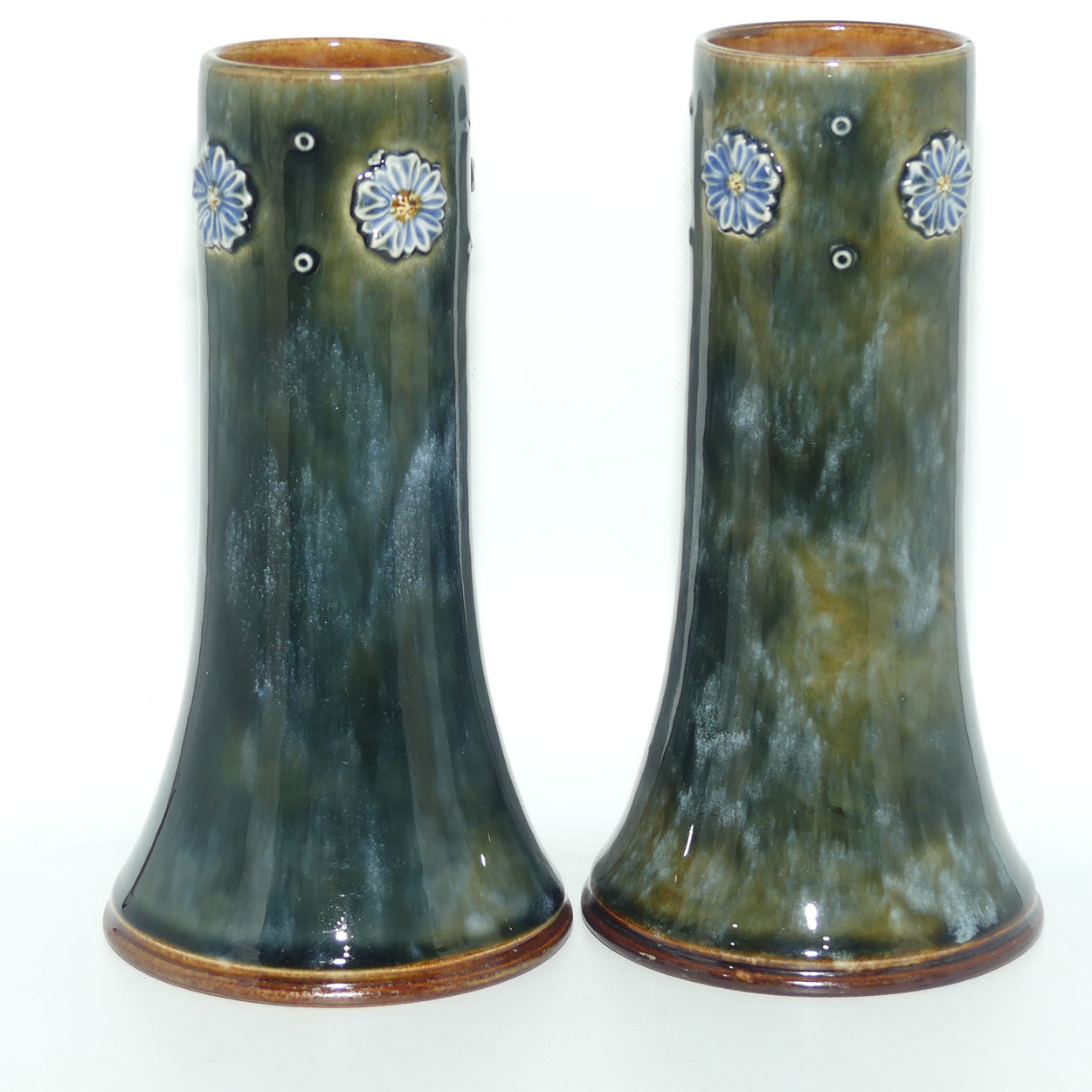 Royal Doulton Stoneware Mottled Green and Applied Flower pair of vases