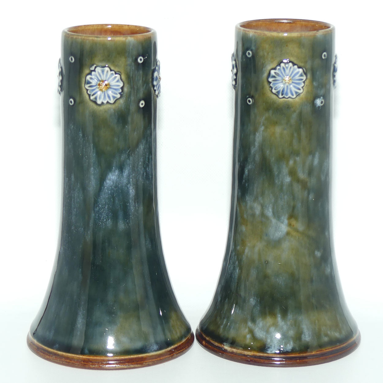 Royal Doulton Stoneware Mottled Green and Applied Flower pair of vases
