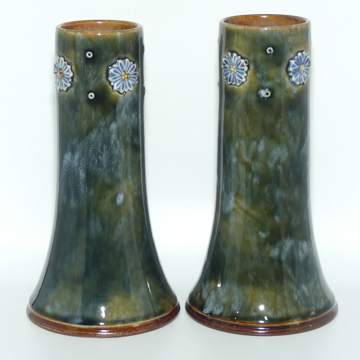 Royal Doulton Stoneware Mottled Green and Applied Flower pair of vases