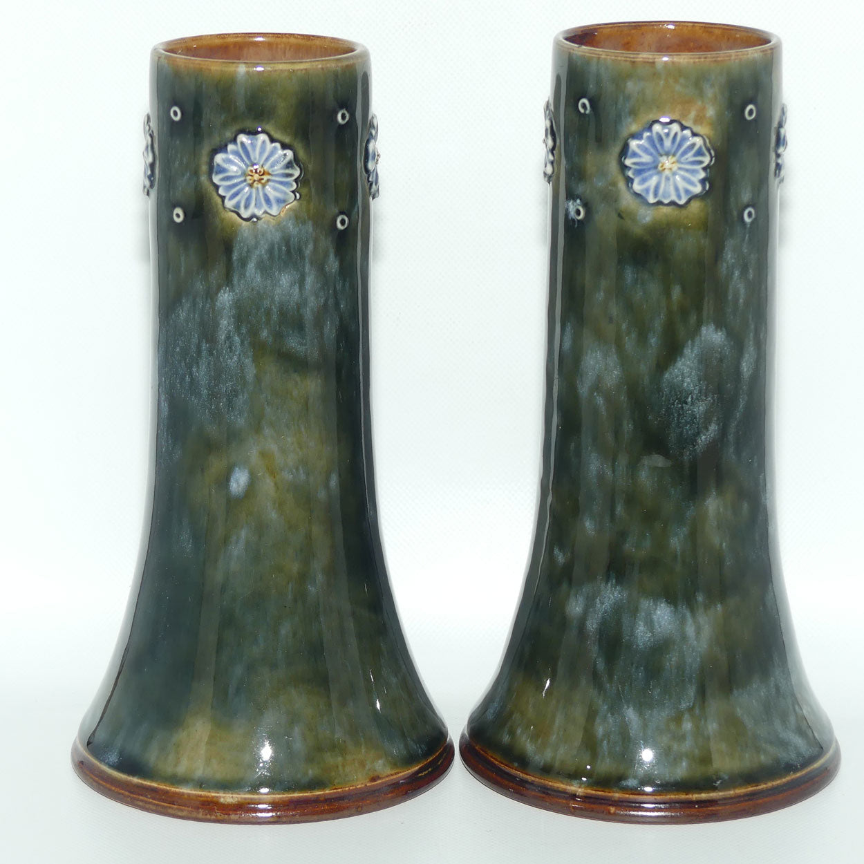 Royal Doulton Stoneware Mottled Green and Applied Flower pair of vases