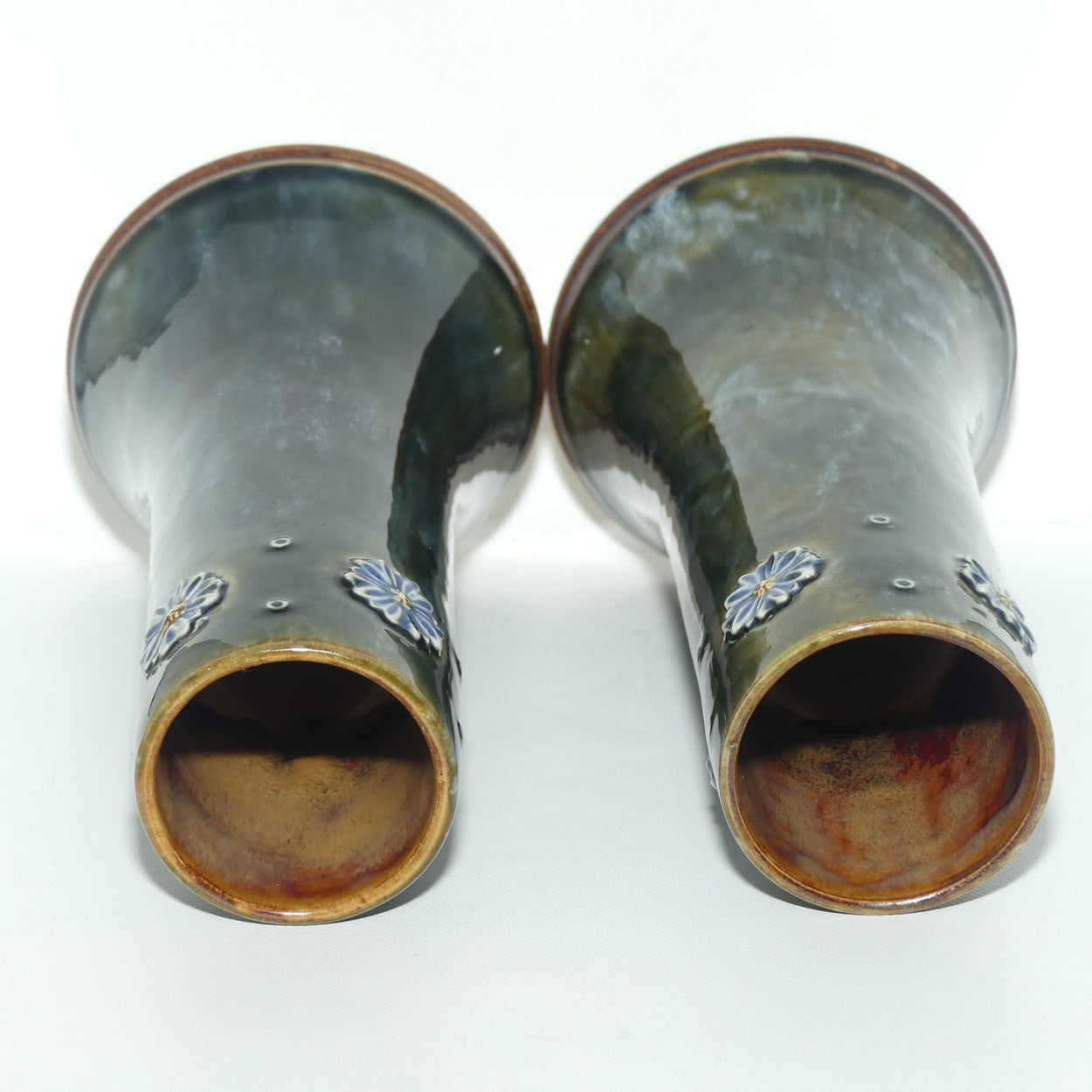 Royal Doulton Stoneware Mottled Green and Applied Flower pair of vases