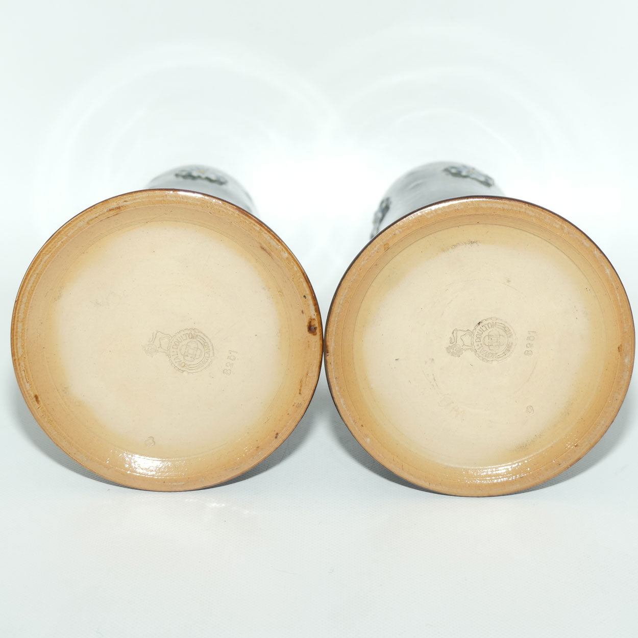 Royal Doulton Stoneware Mottled Green and Applied Flower pair of vases